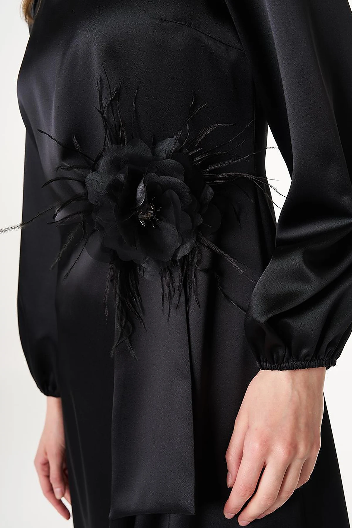 Feather-Detail Satin Dress Black 