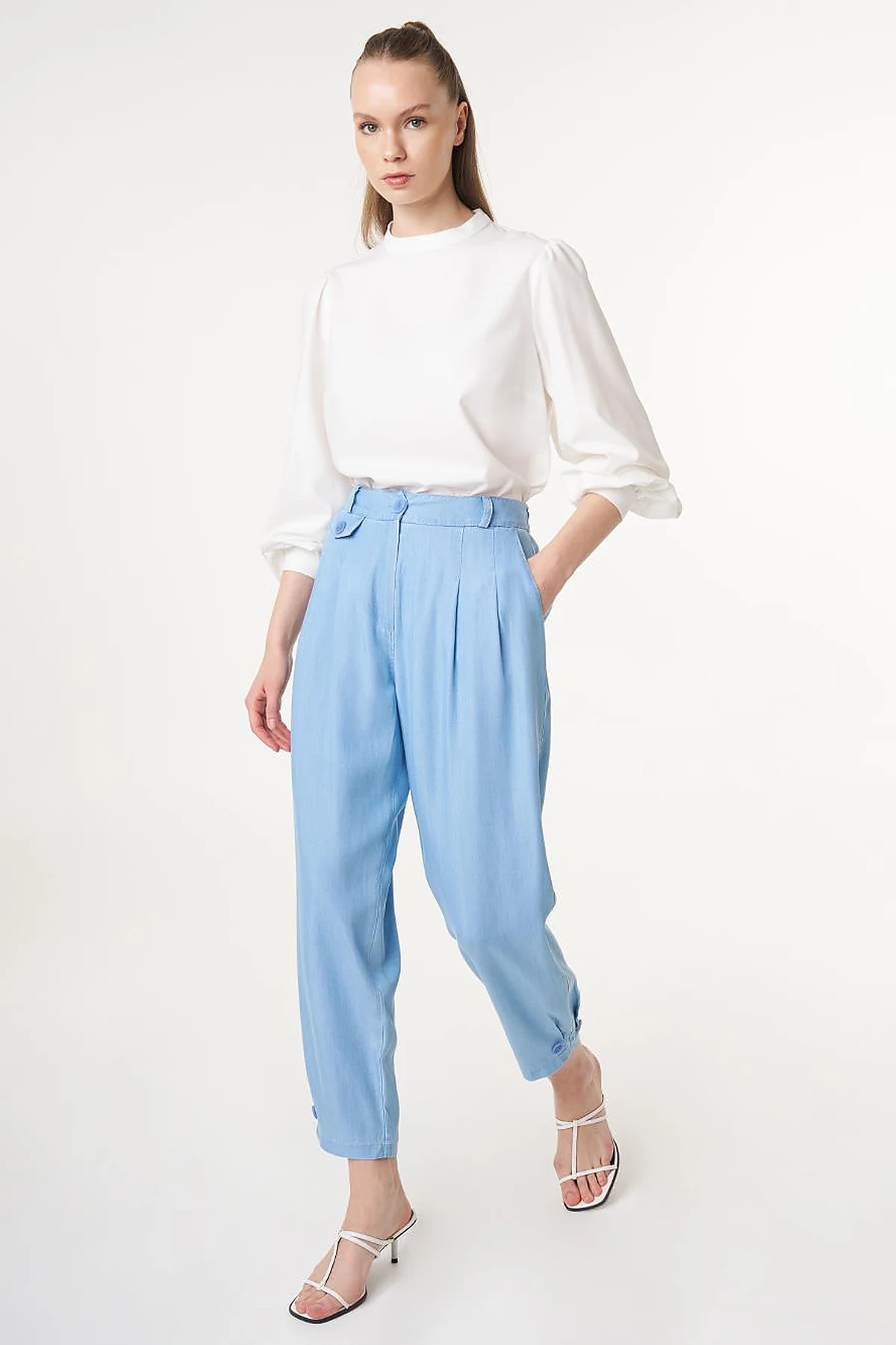 Button-Hem Denim-Effect Pants Blue 