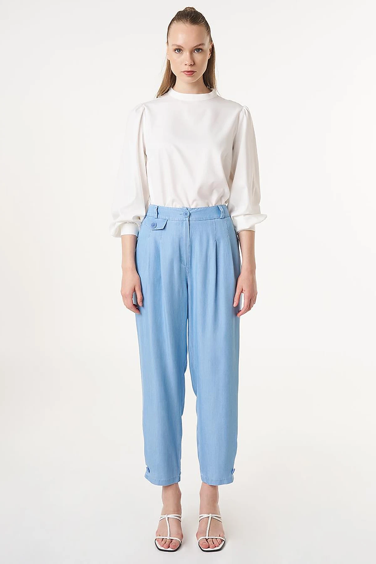 Button-Hem Denim-Effect Pants Blue 
