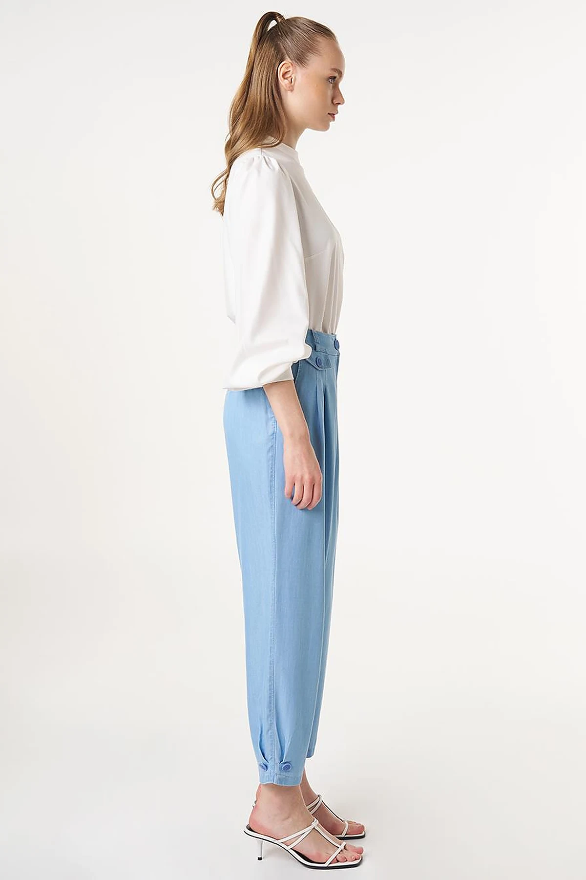 Button-Hem Denim-Effect Pants Blue 