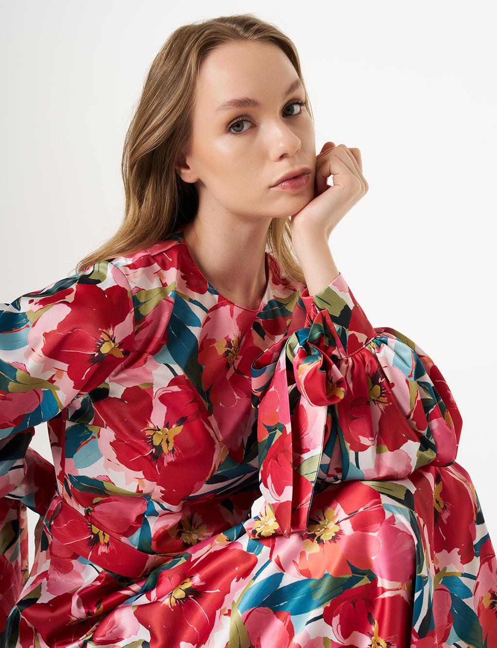 Floral Patterned Satin Dress Red
