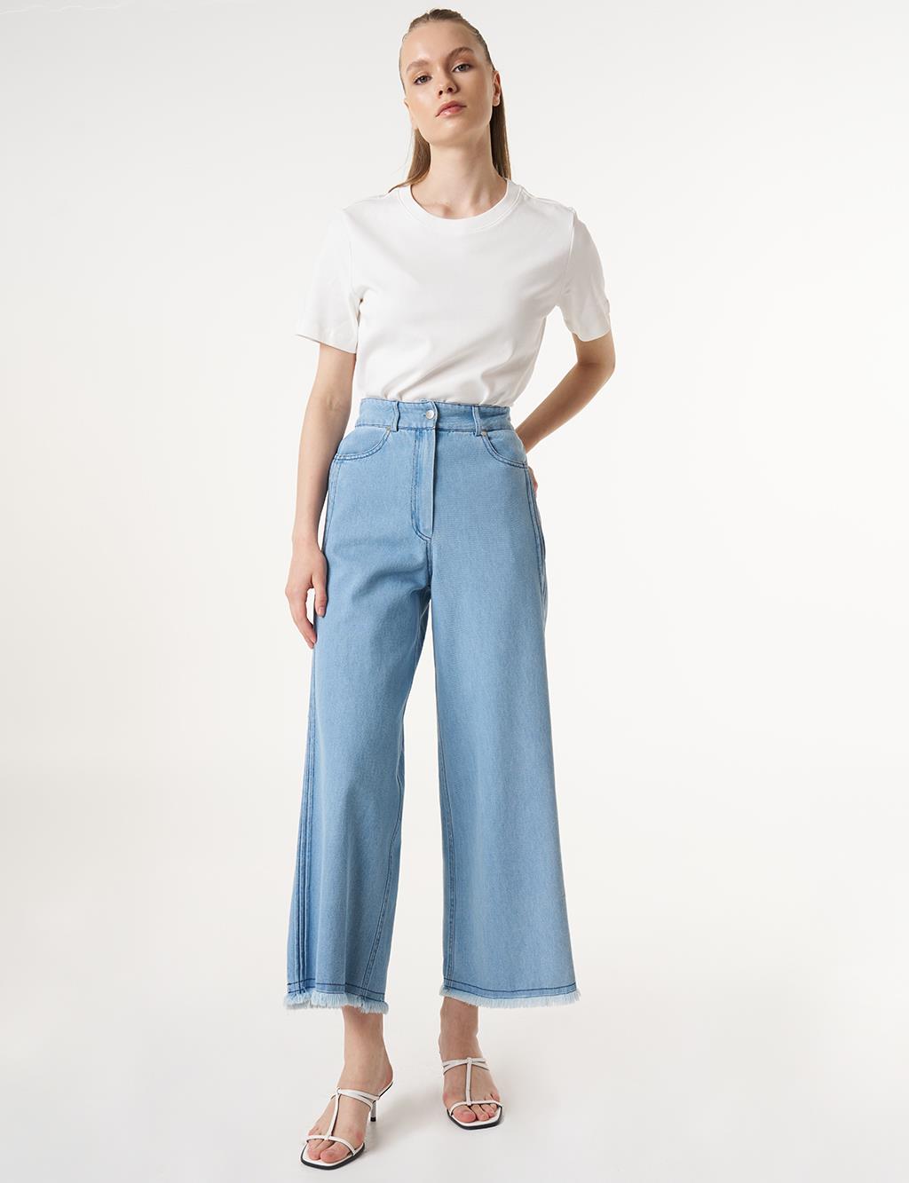 Frayed Hem Marine Fit Denim Pants Ice Blue