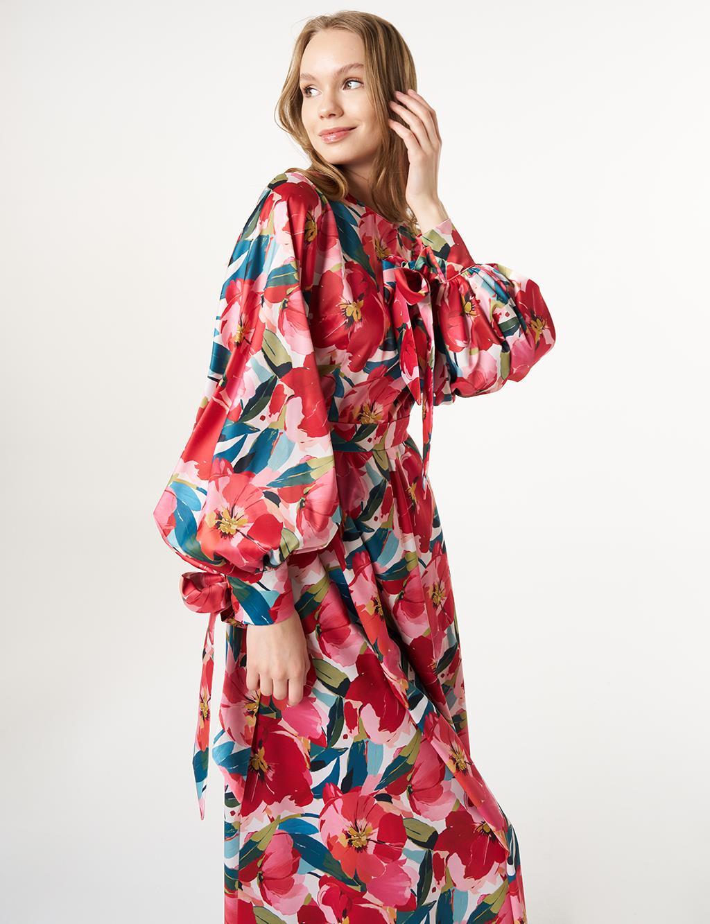 Floral Patterned Satin Dress Red