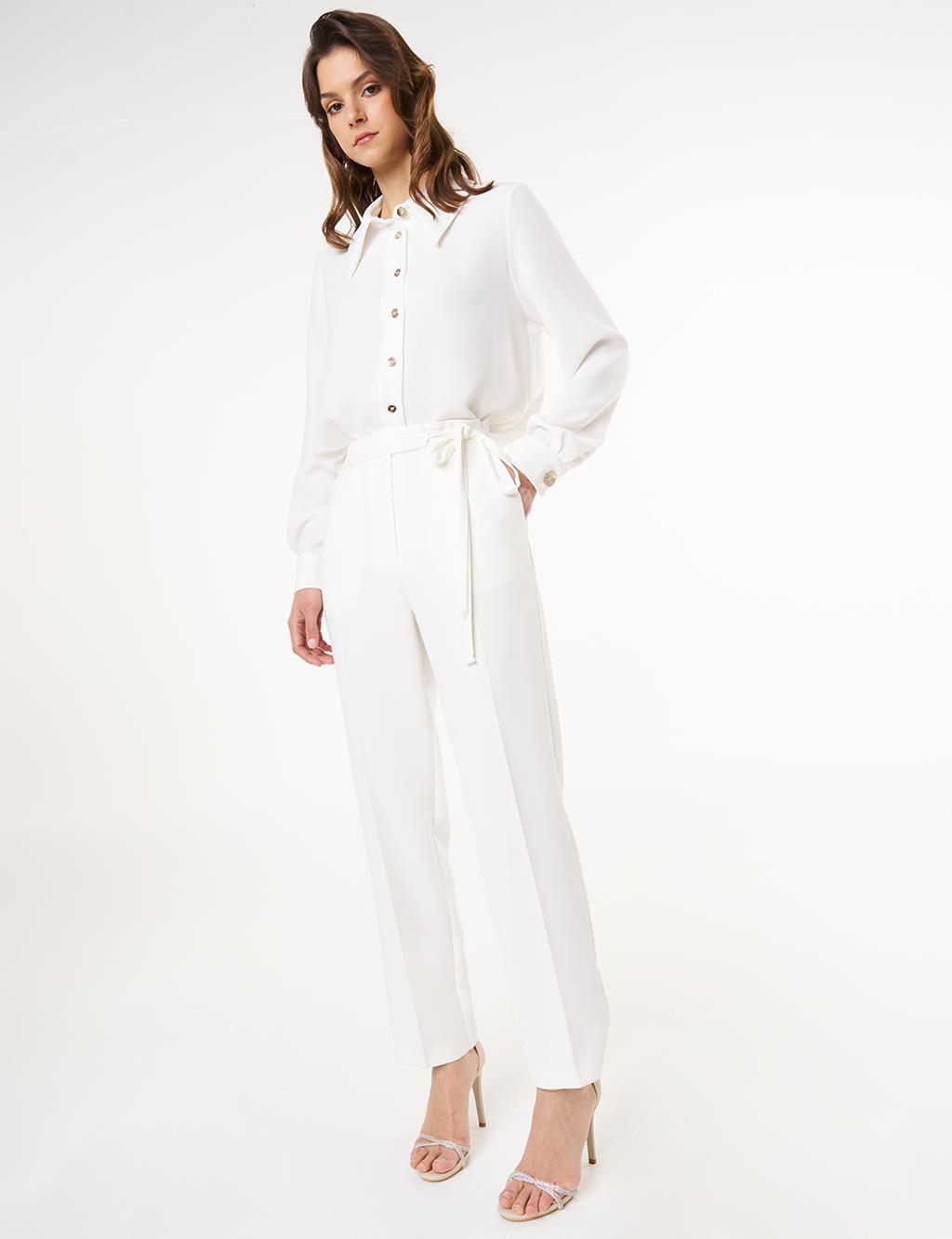 Pressed Crease High Waist Trousers in Ecru