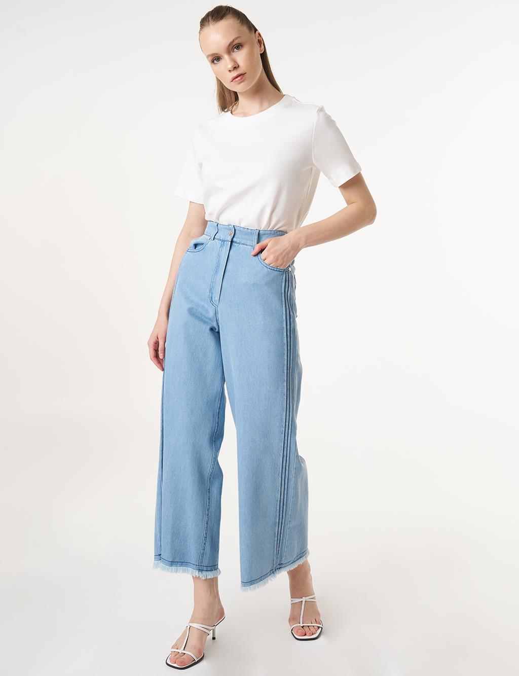 Frayed Hem Marine Fit Denim Pants Ice Blue