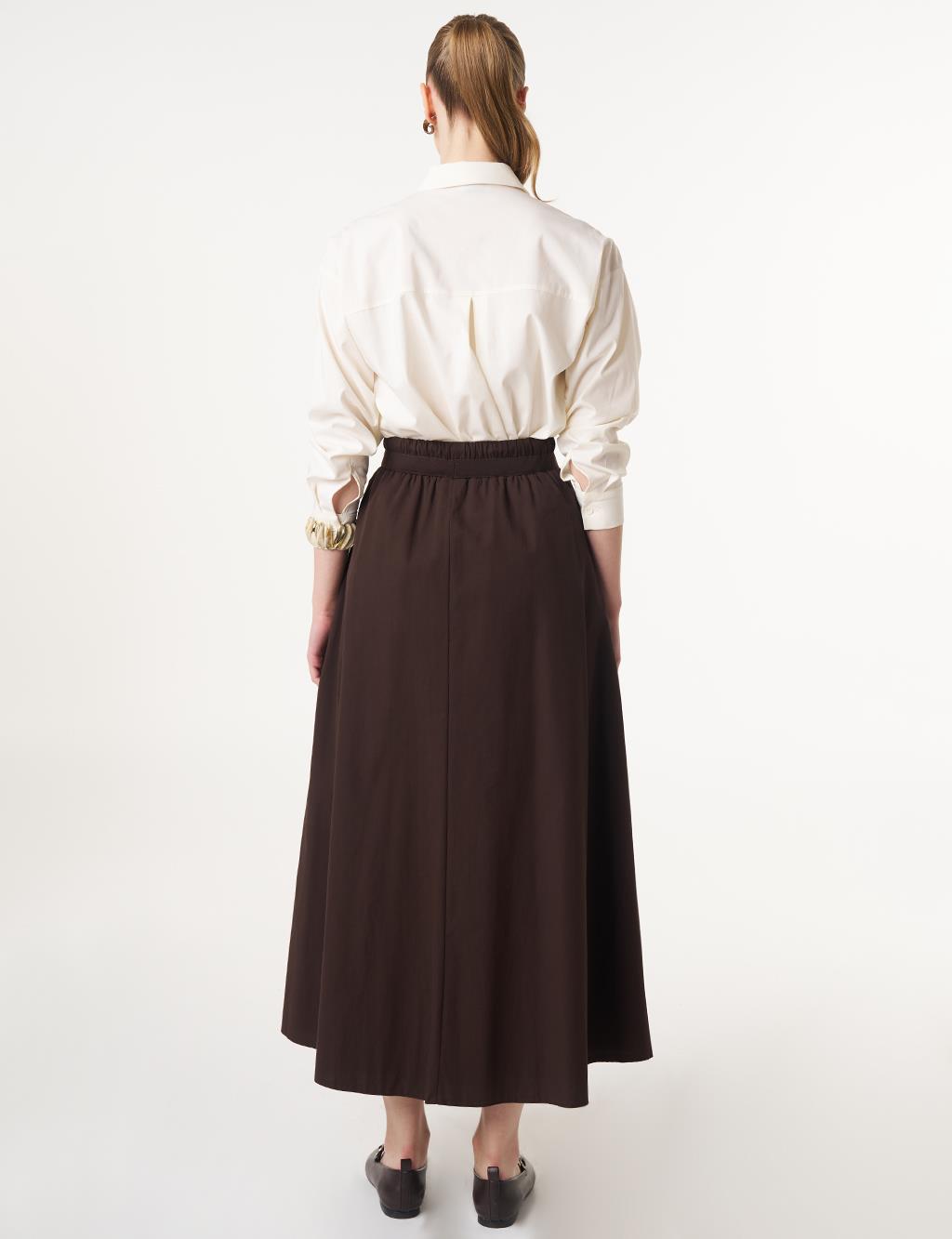 Elasticated Waist Flared Skirt Dark Brown