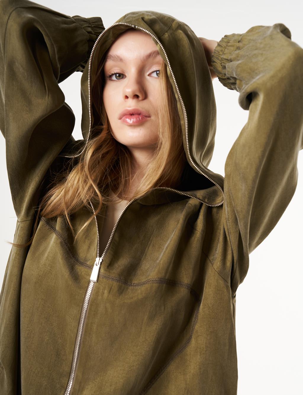 Stitch Detailed Lyocell Throw-On Khaki