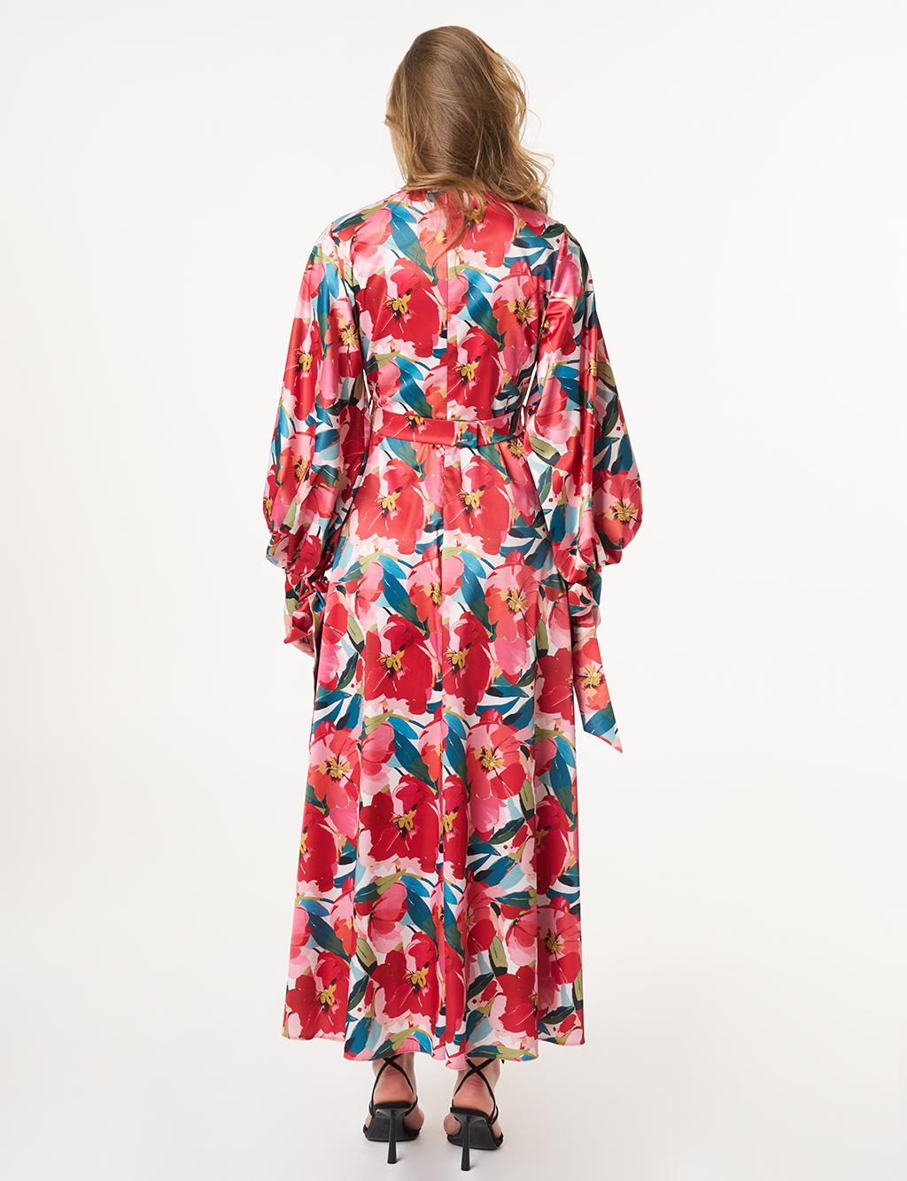Floral Patterned Satin Dress Red