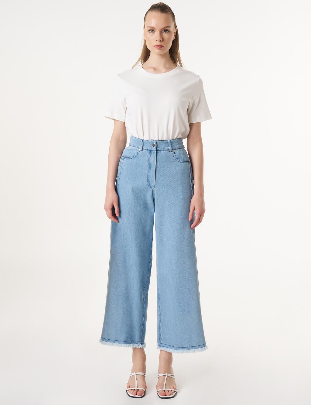 Frayed Hem Marine Fit Denim Pants Ice Blue