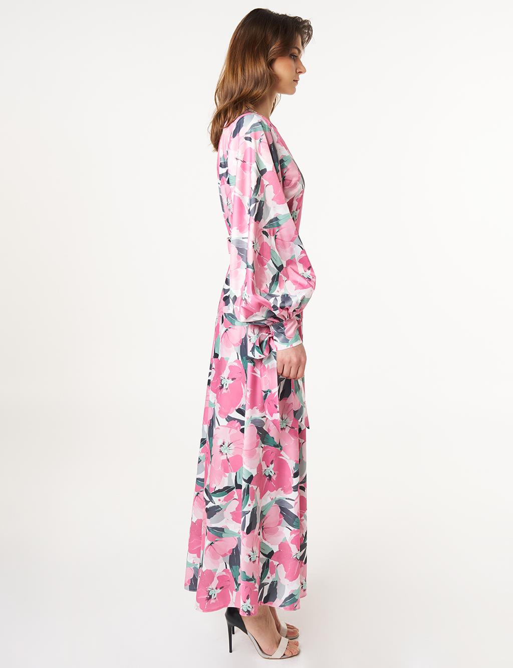 Floral Desen Saten Elbise Pudra 