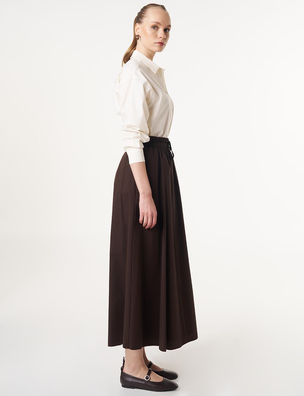 Elasticated Waist Flared Skirt Dark Brown