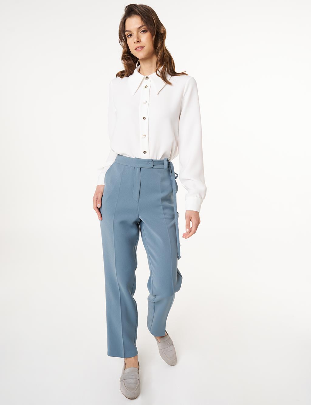 Pressed Crease High Waist Trousers in Misty Blue