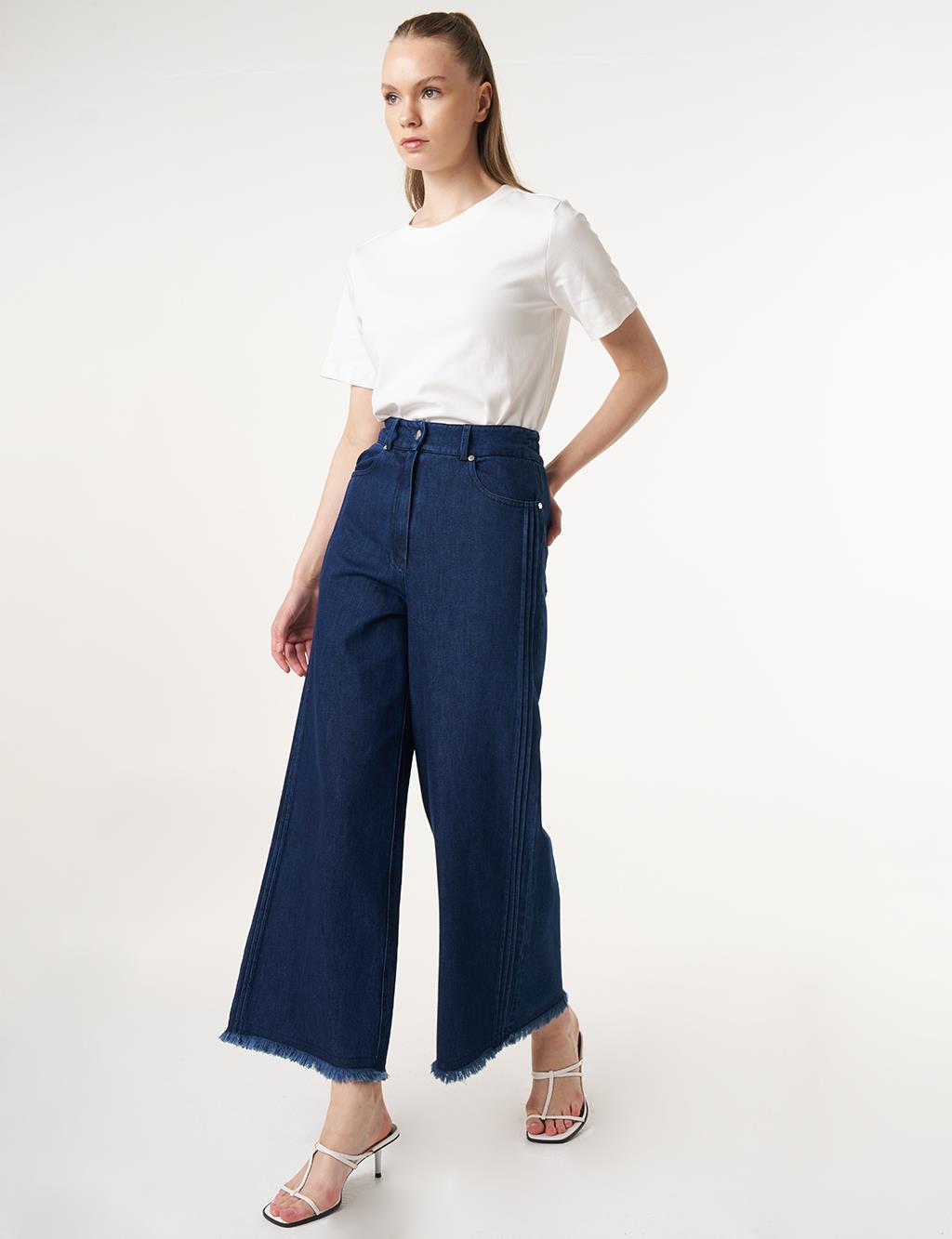 Paçası Püsküllü Marine Fit Denim Pantolon Lacivert