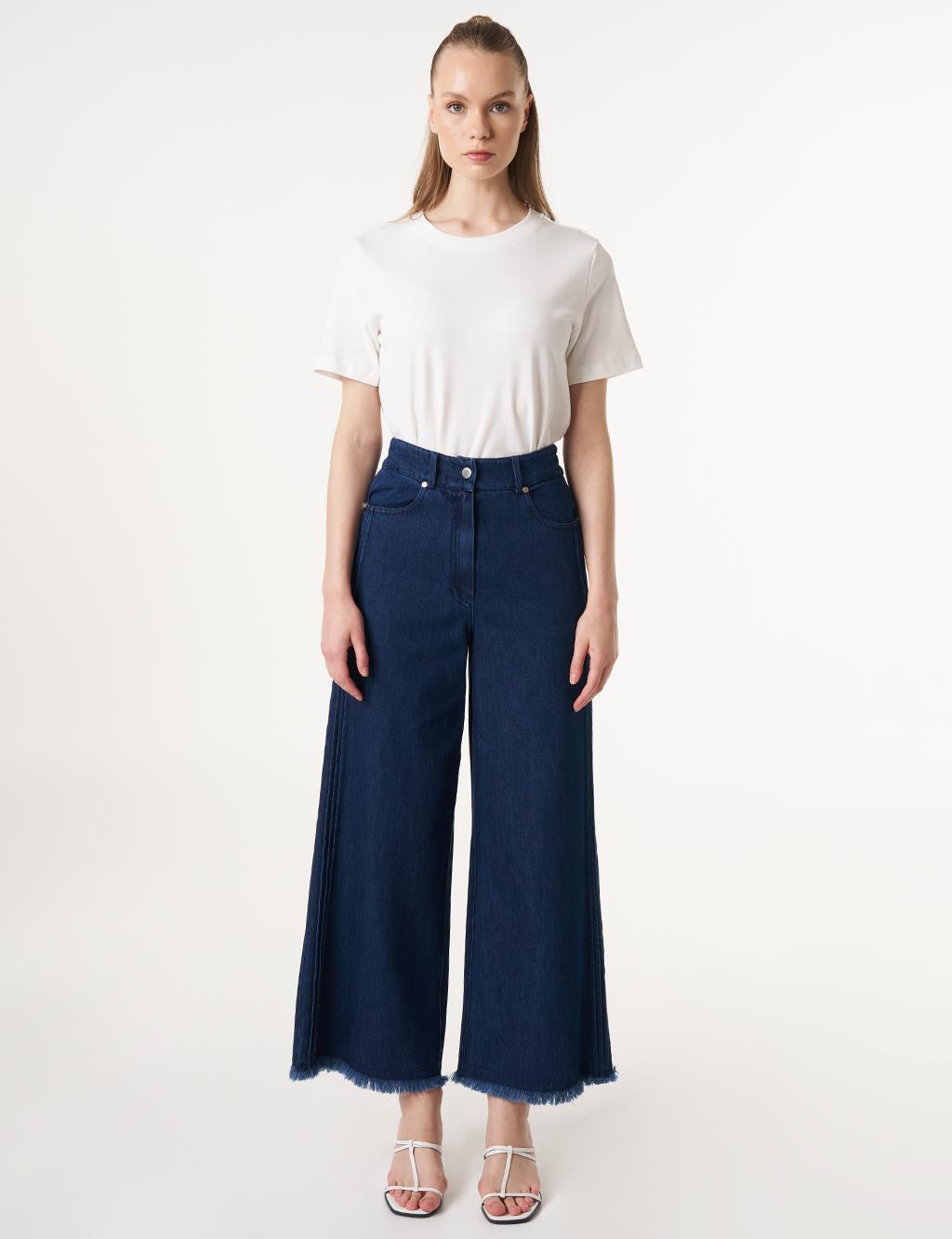 Paçası Püsküllü Marine Fit Denim Pantolon Lacivert
