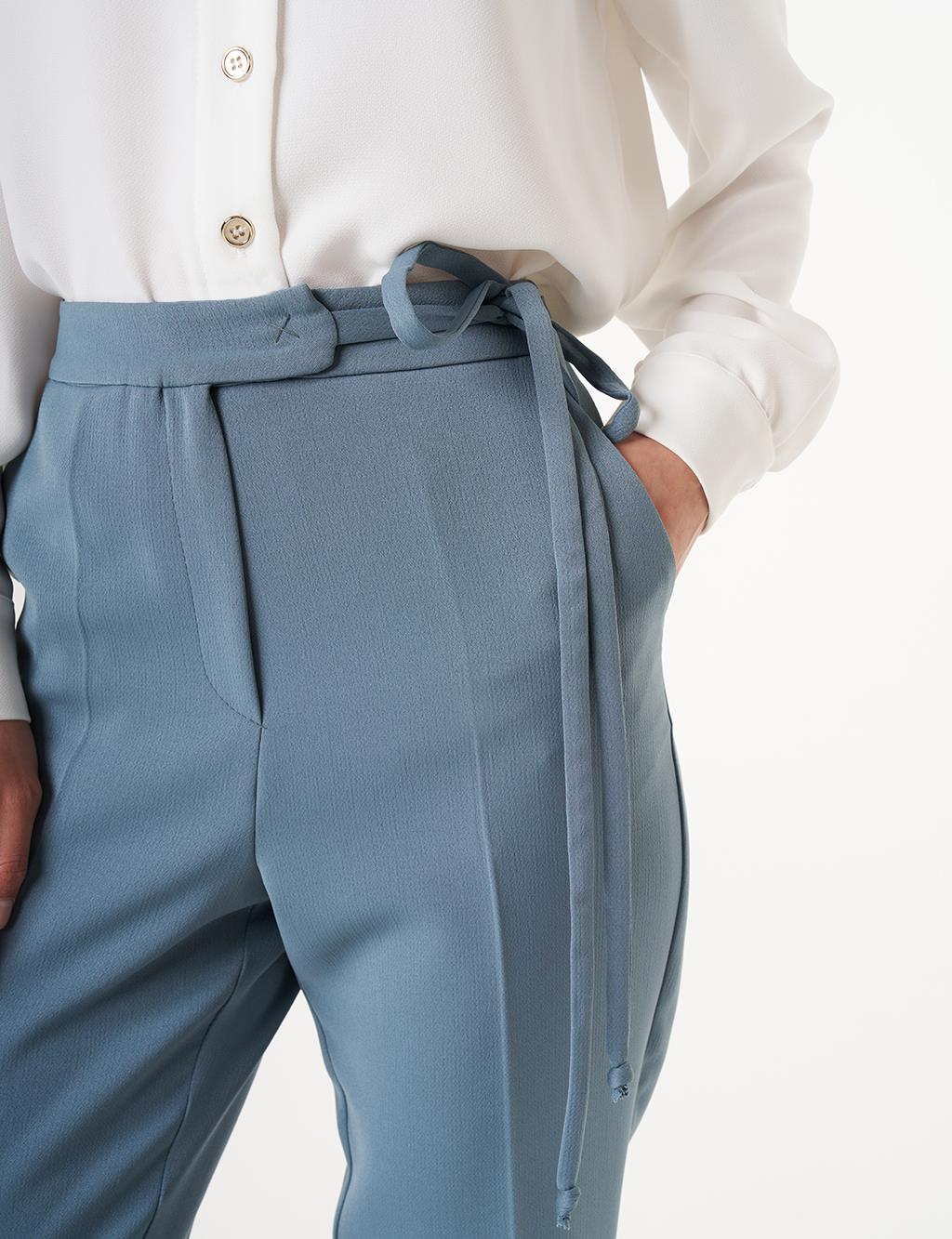 Pressed Crease High Waist Trousers in Misty Blue