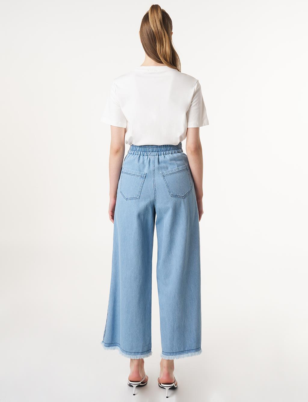 Frayed Hem Marine Fit Denim Pants Ice Blue