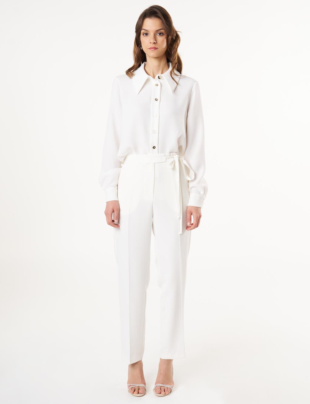 Pressed Crease High Waist Trousers in Ecru