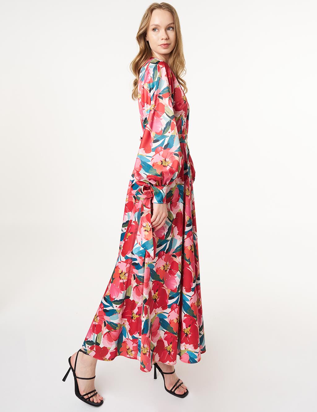 Floral Patterned Satin Dress Red