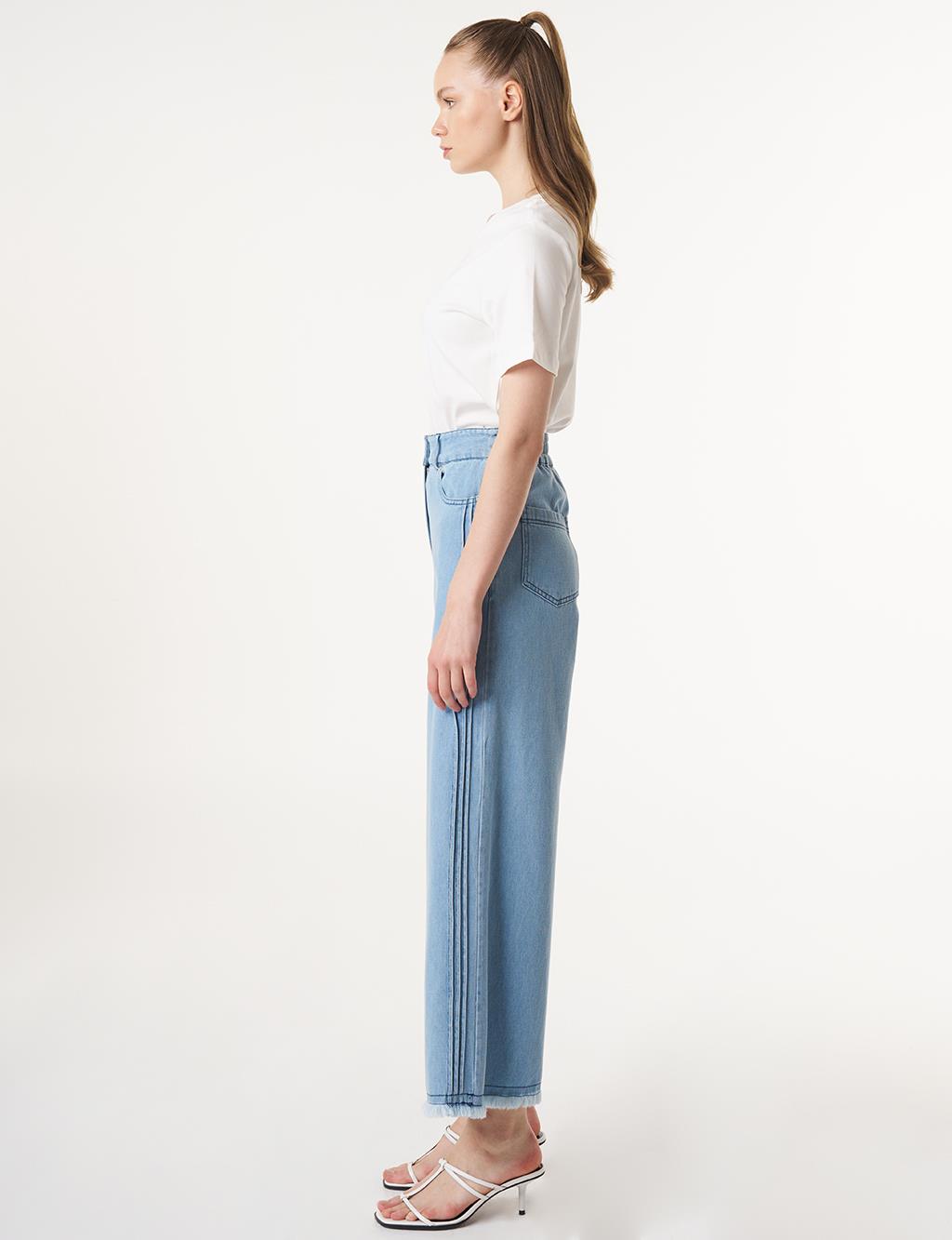 Frayed Hem Marine Fit Denim Pants Ice Blue