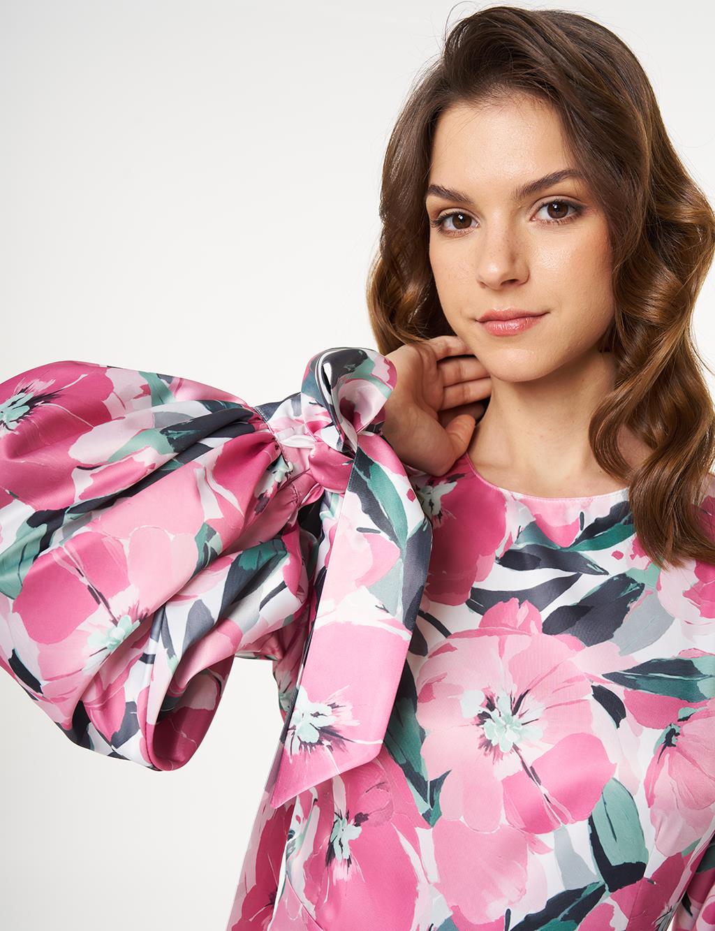Floral Desen Saten Elbise Pudra 