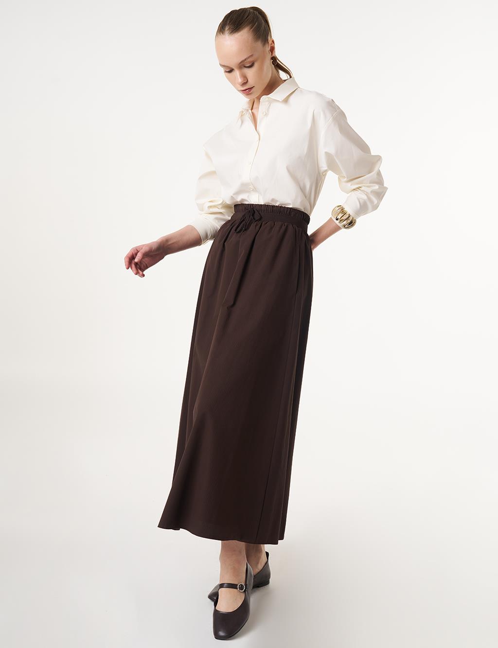 Elasticated Waist Flared Skirt Dark Brown