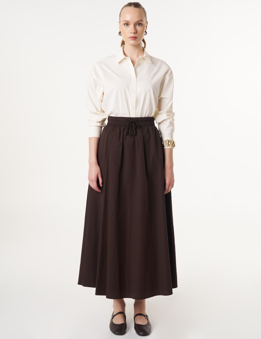 Elasticated Waist Flared Skirt Dark Brown