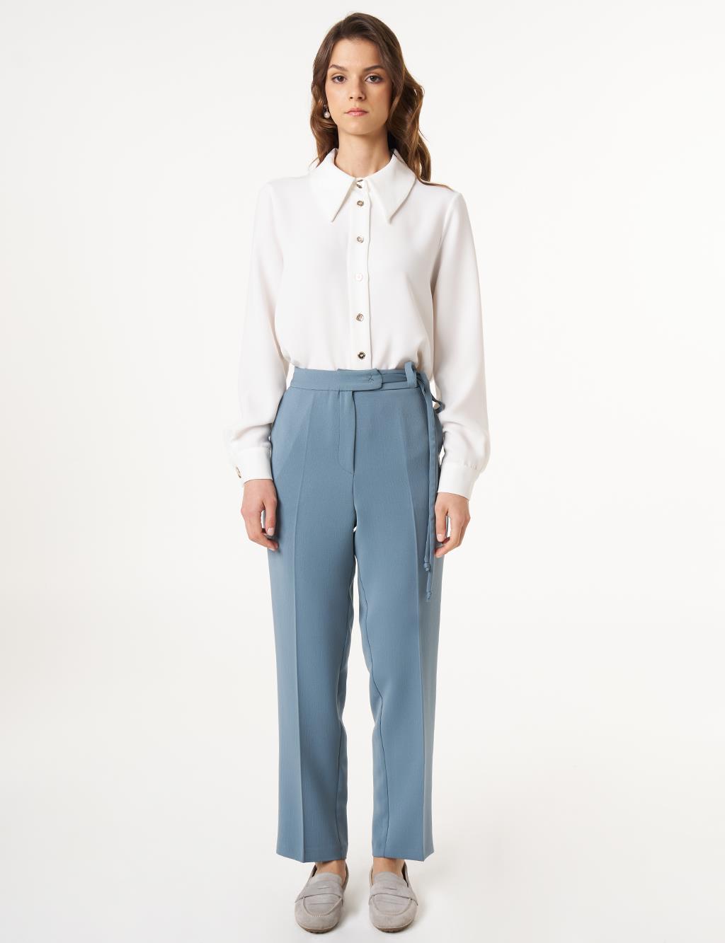 Pressed Crease High Waist Trousers in Misty Blue