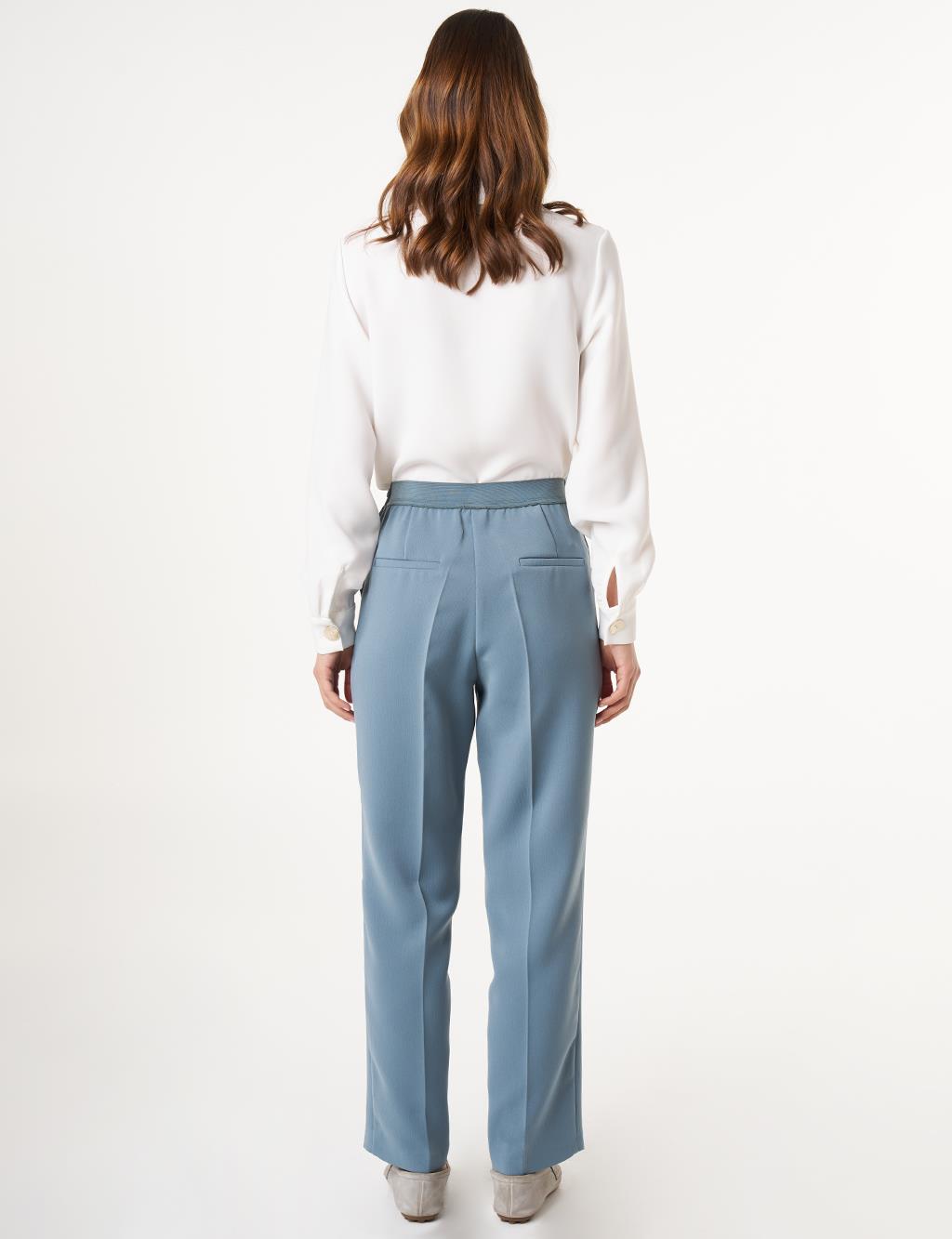 Pressed Crease High Waist Trousers in Misty Blue