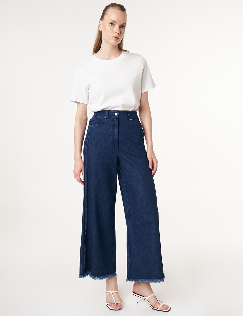 Paçası Püsküllü Marine Fit Denim Pantolon Lacivert