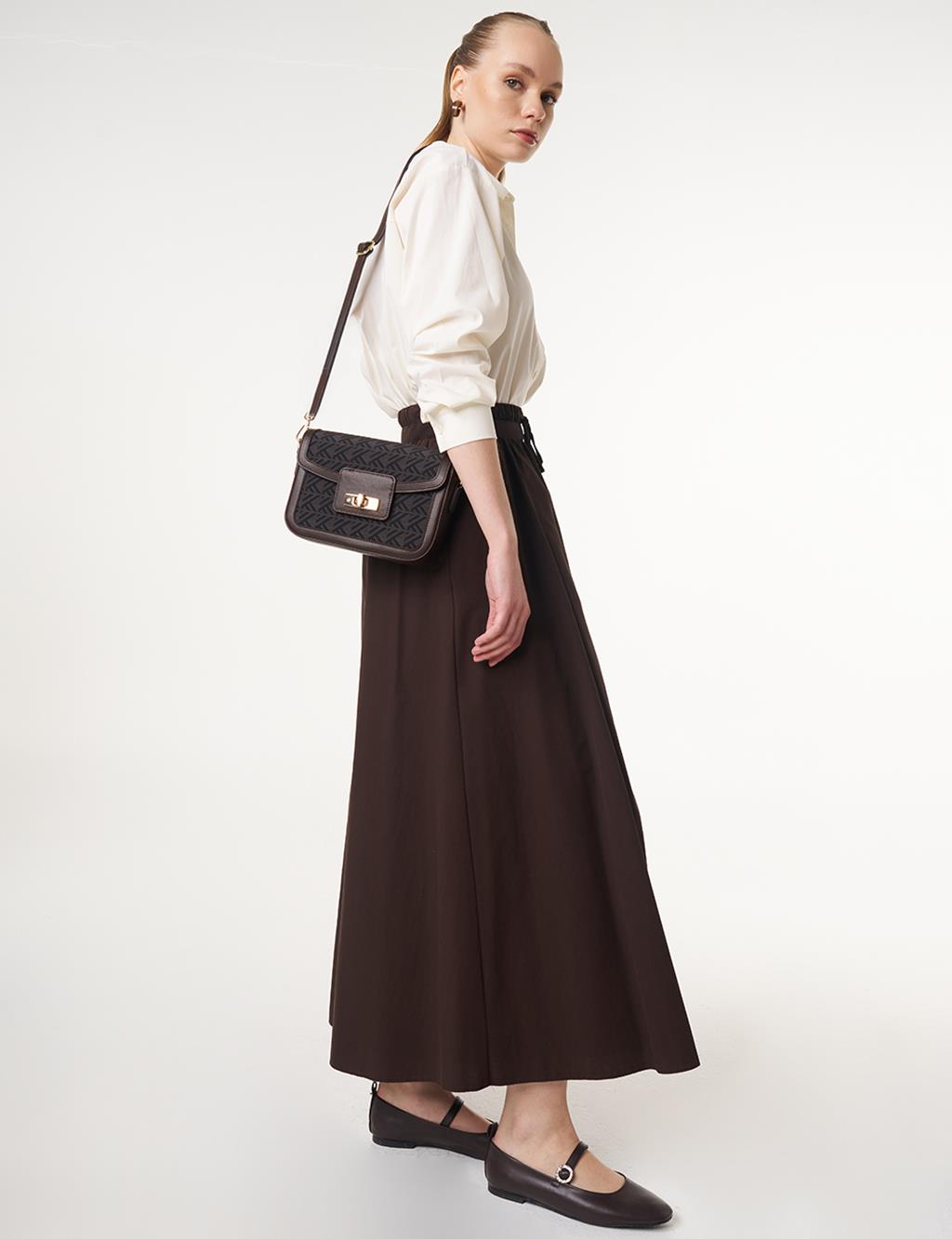 Elasticated Waist Flared Skirt Dark Brown