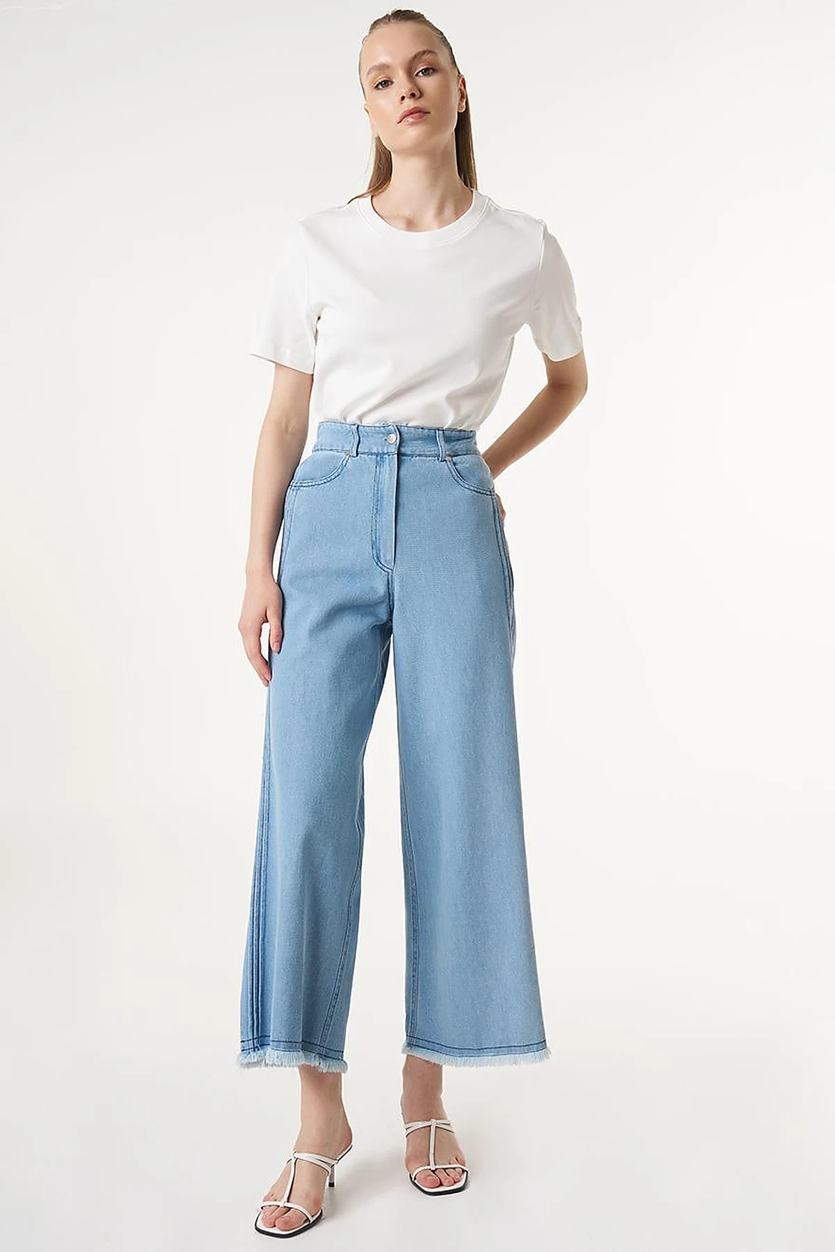 Frayed Hem Marine Fit Denim Pants Ice Blue