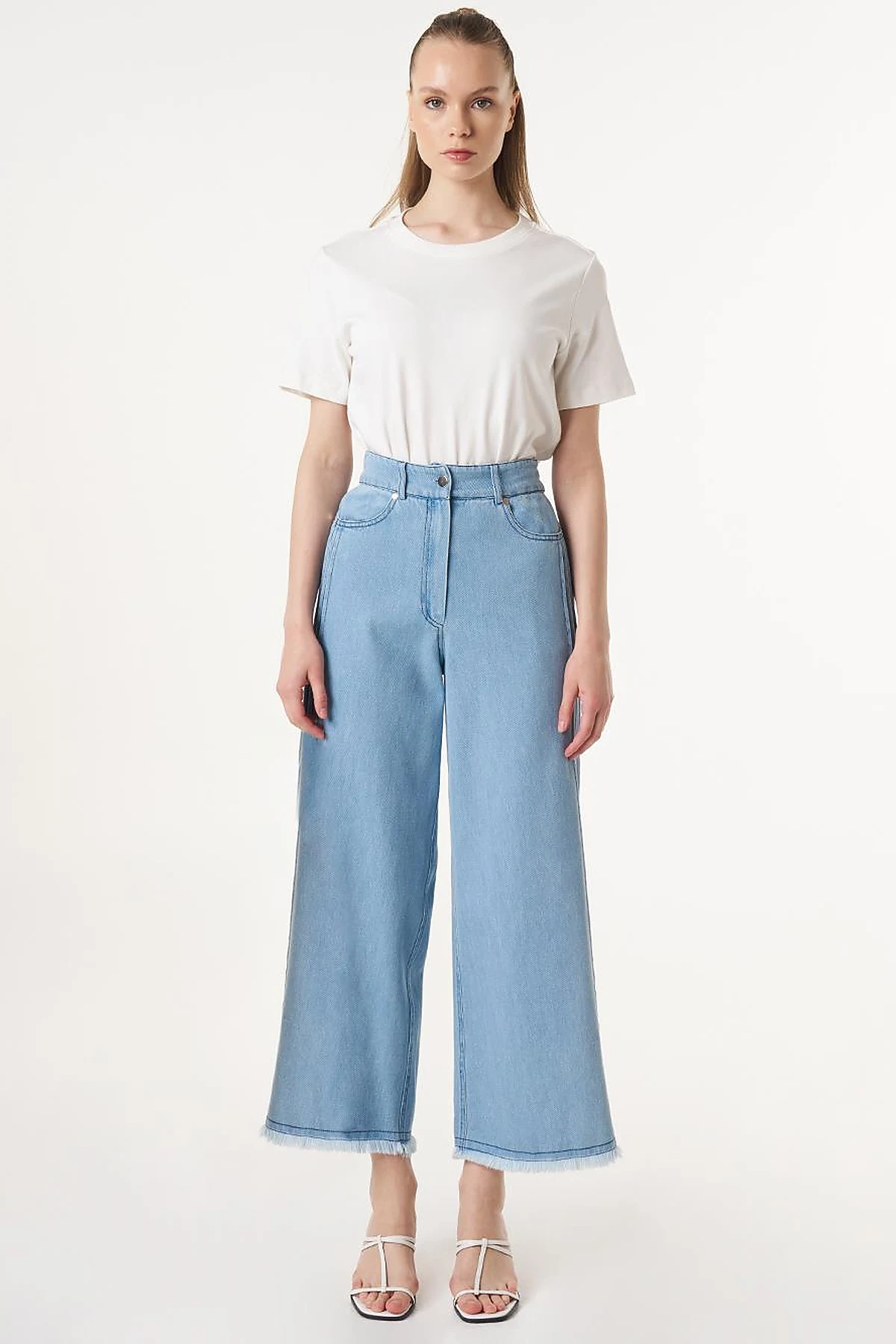 Frayed Hem Marine Fit Denim Pants Ice Blue