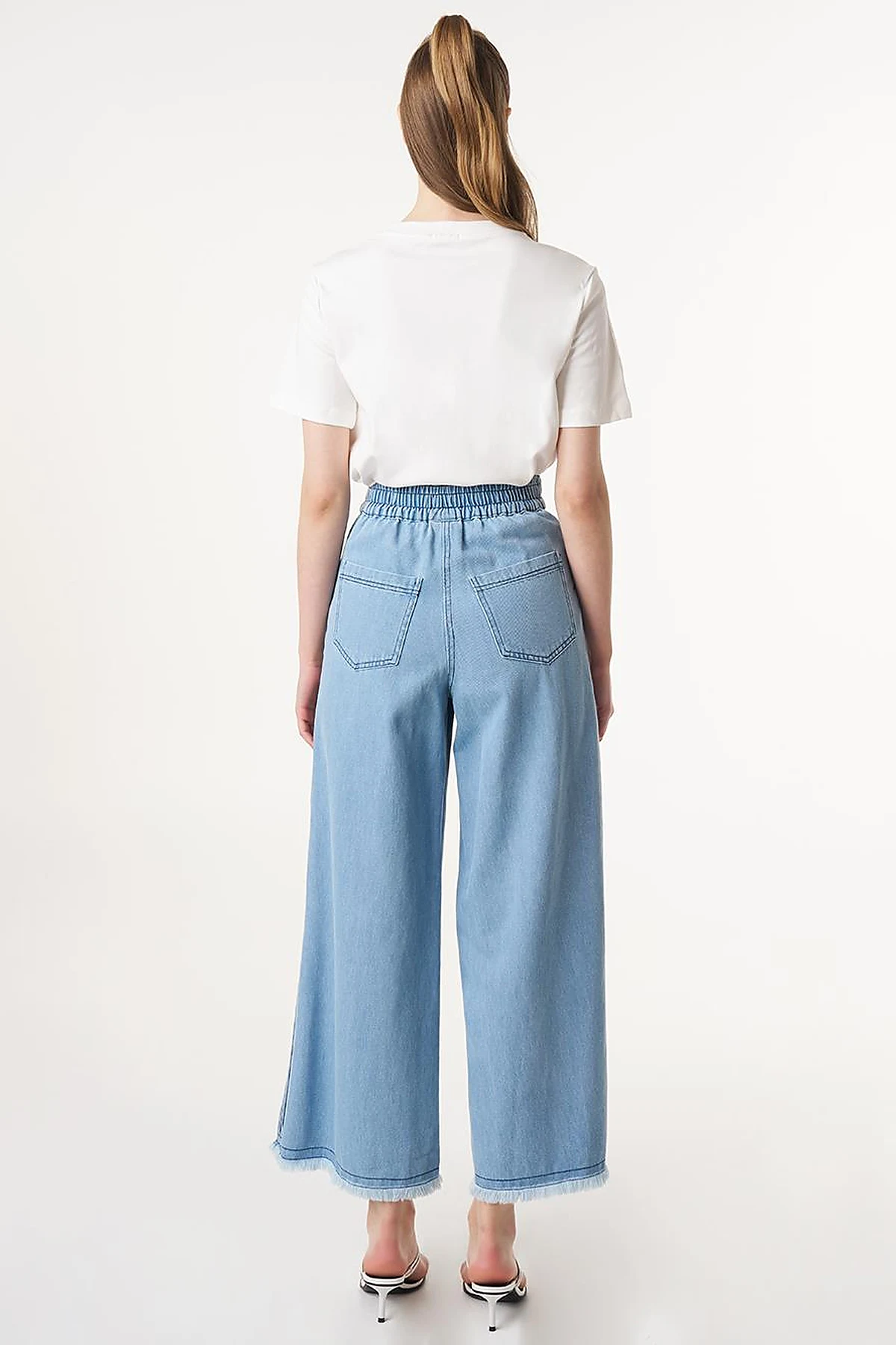 Frayed Hem Marine Fit Denim Pants Ice Blue