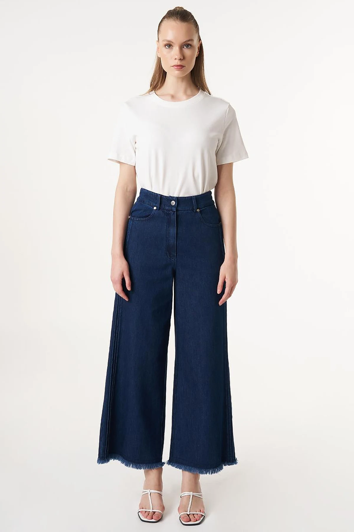 Frayed Hem Marine Fit Denim Pants Navy