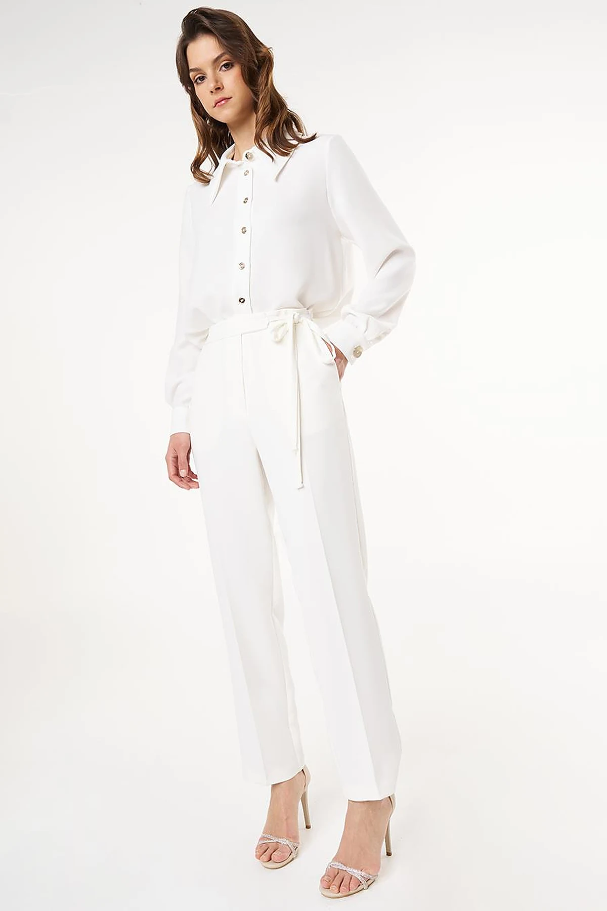Pressed Crease High Waist Trousers in Ecru