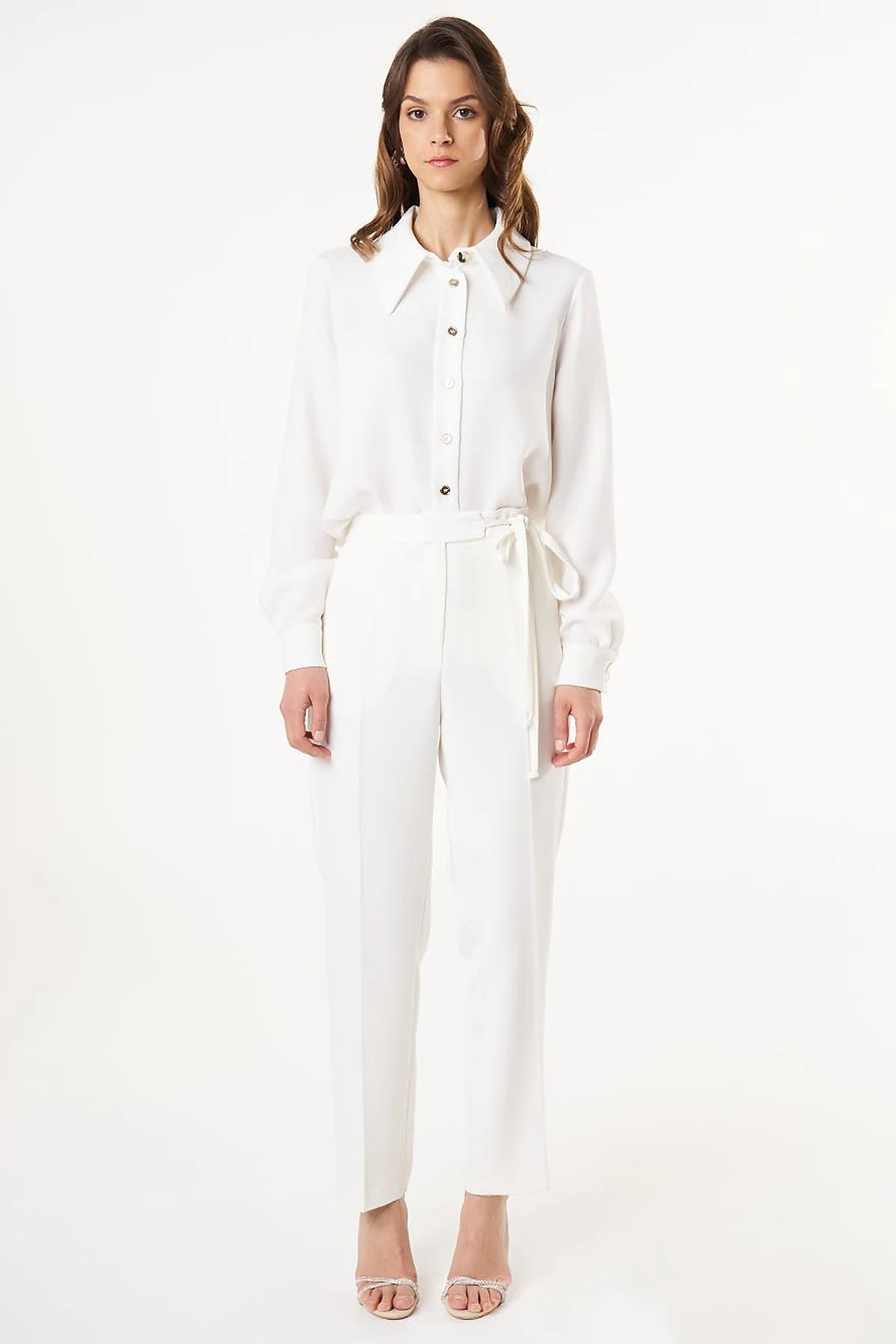 Pressed Crease High Waist Trousers in Ecru