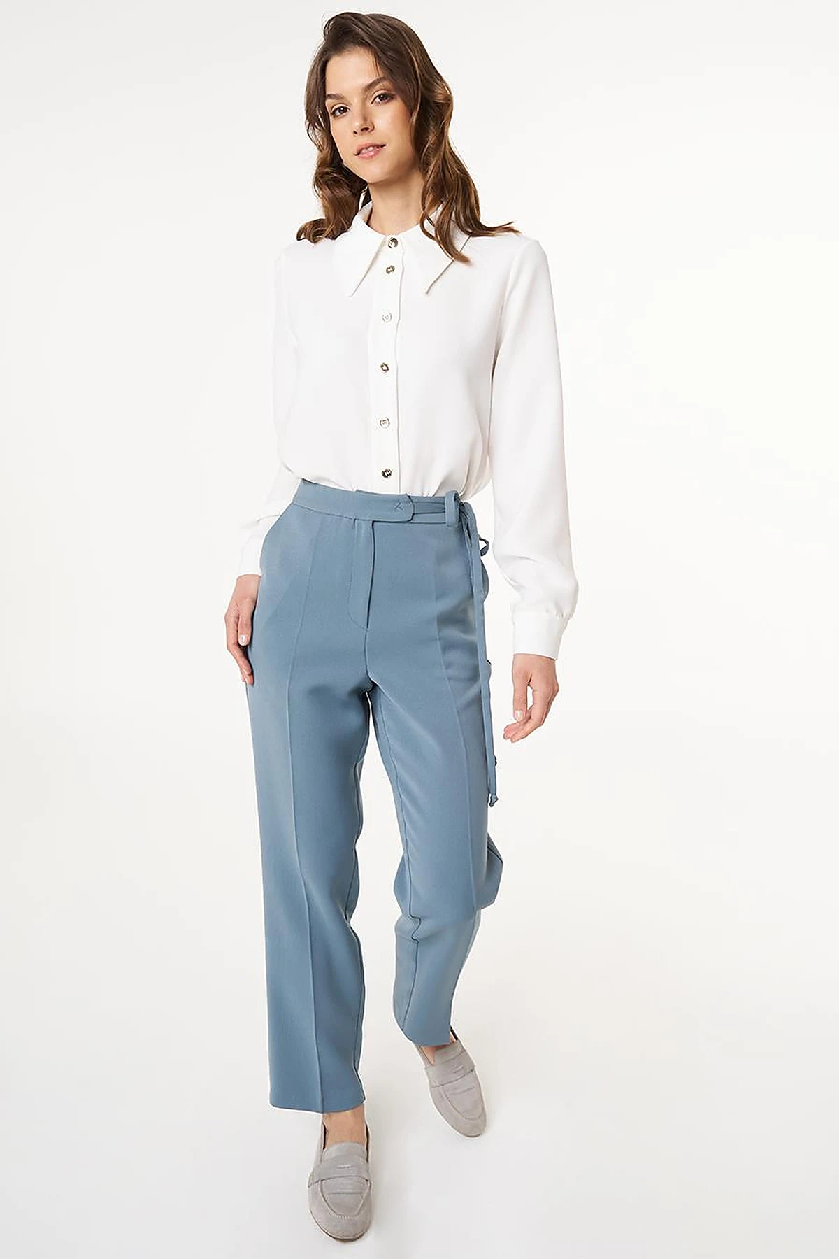 Pressed Crease High Waist Trousers in Misty Blue