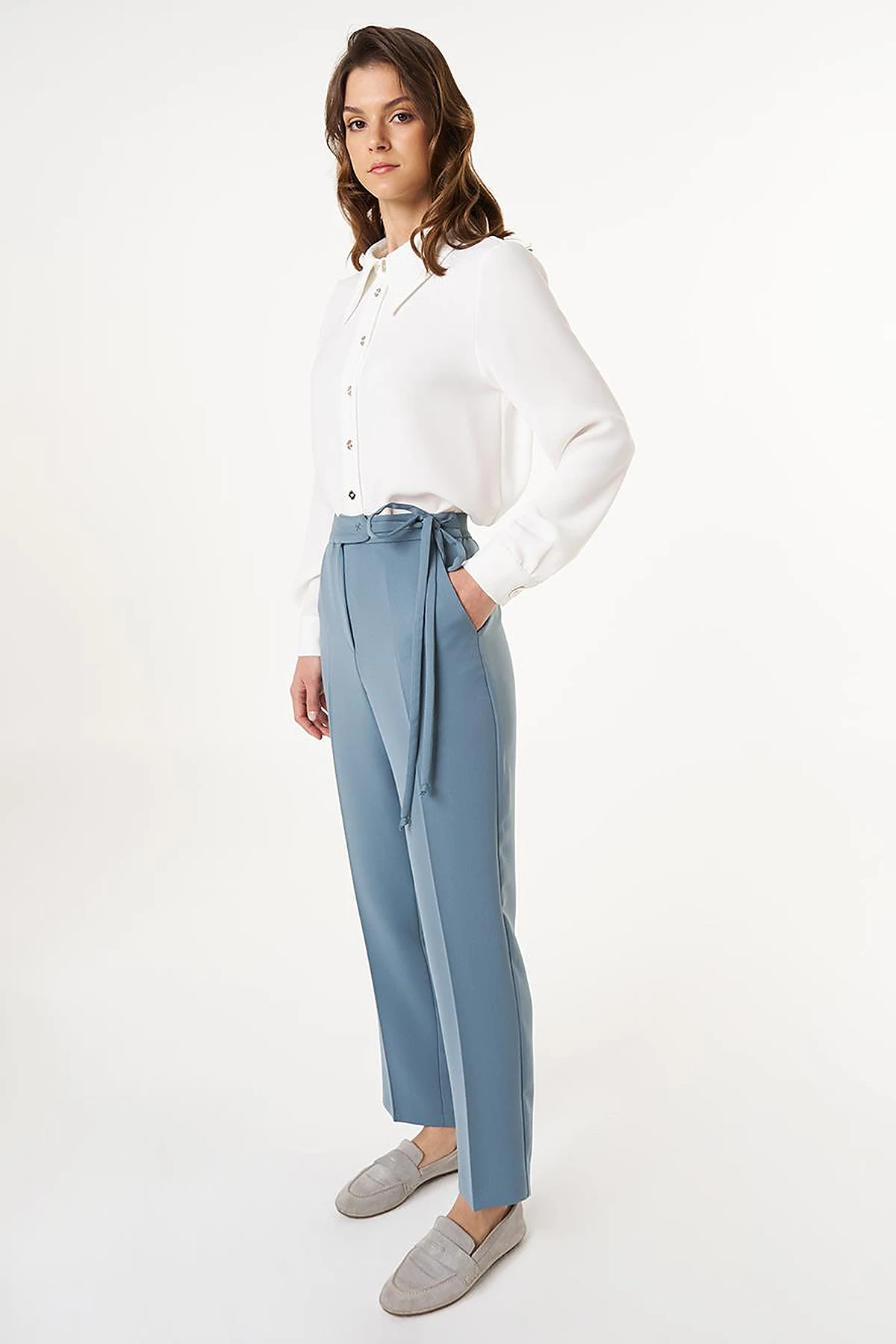 Pressed Crease High Waist Trousers in Misty Blue
