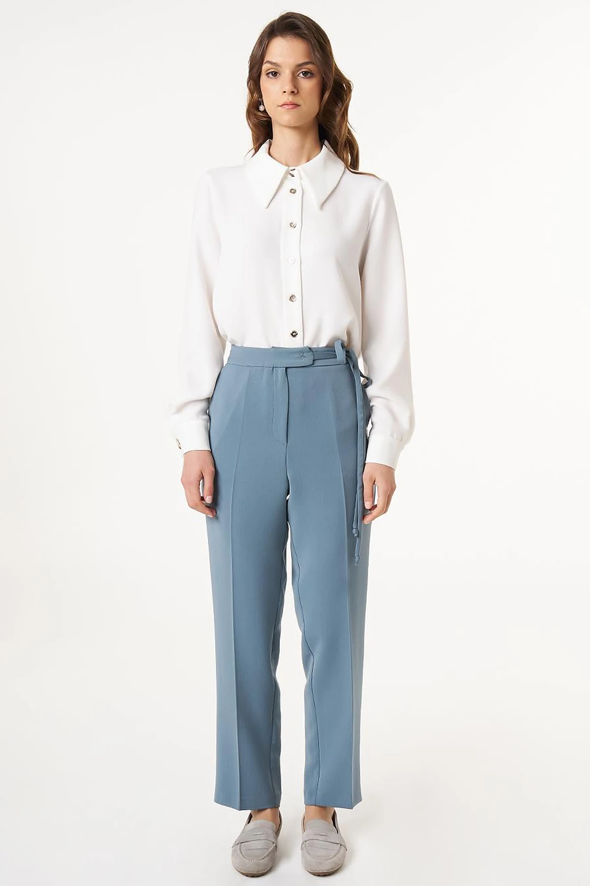 Pressed Crease High Waist Trousers in Misty Blue