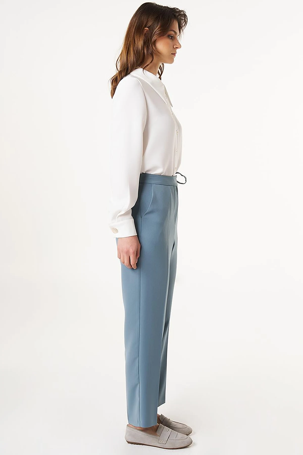 Pressed Crease High Waist Trousers in Misty Blue