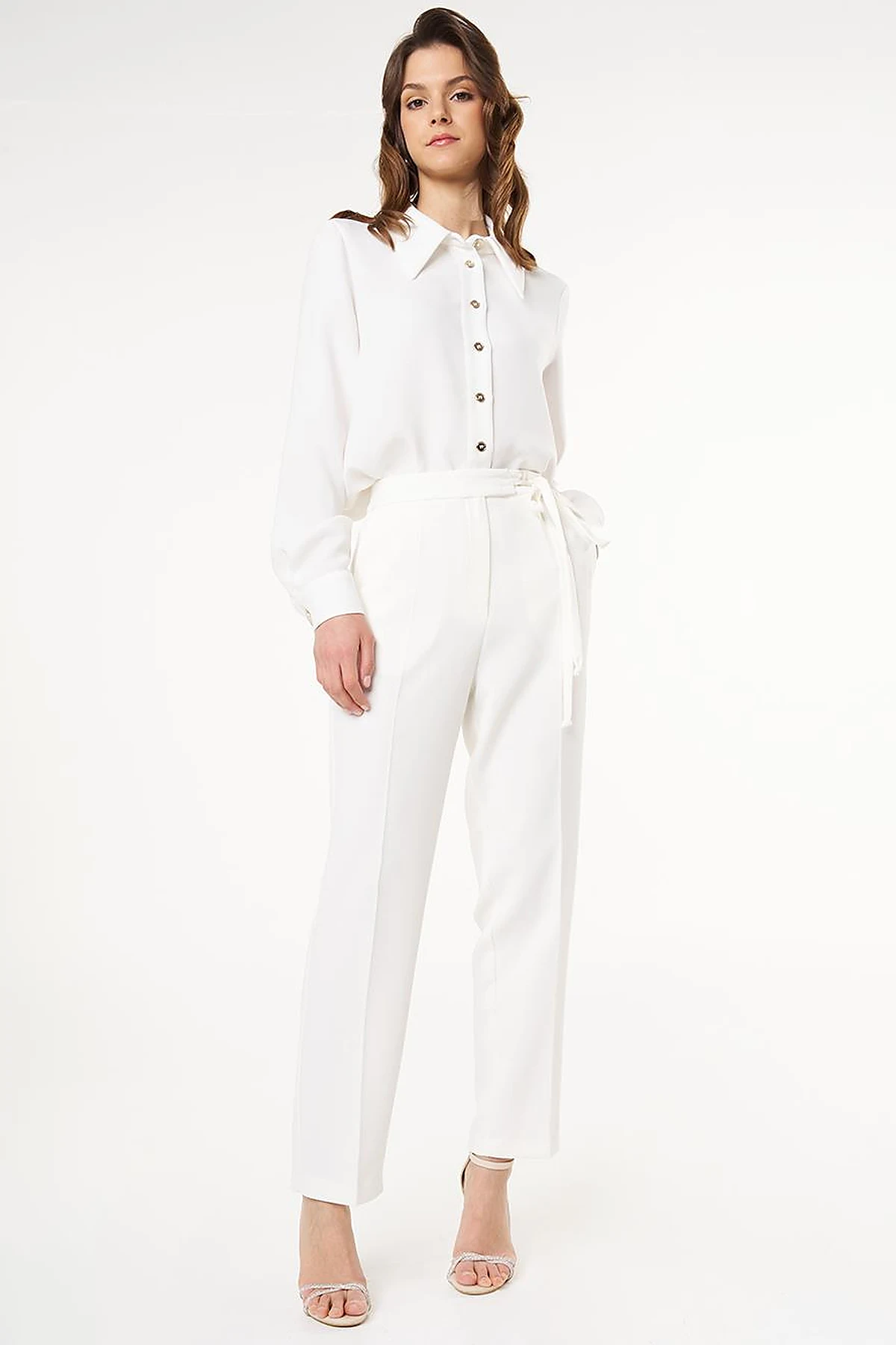 Pressed Crease High Waist Trousers in Ecru