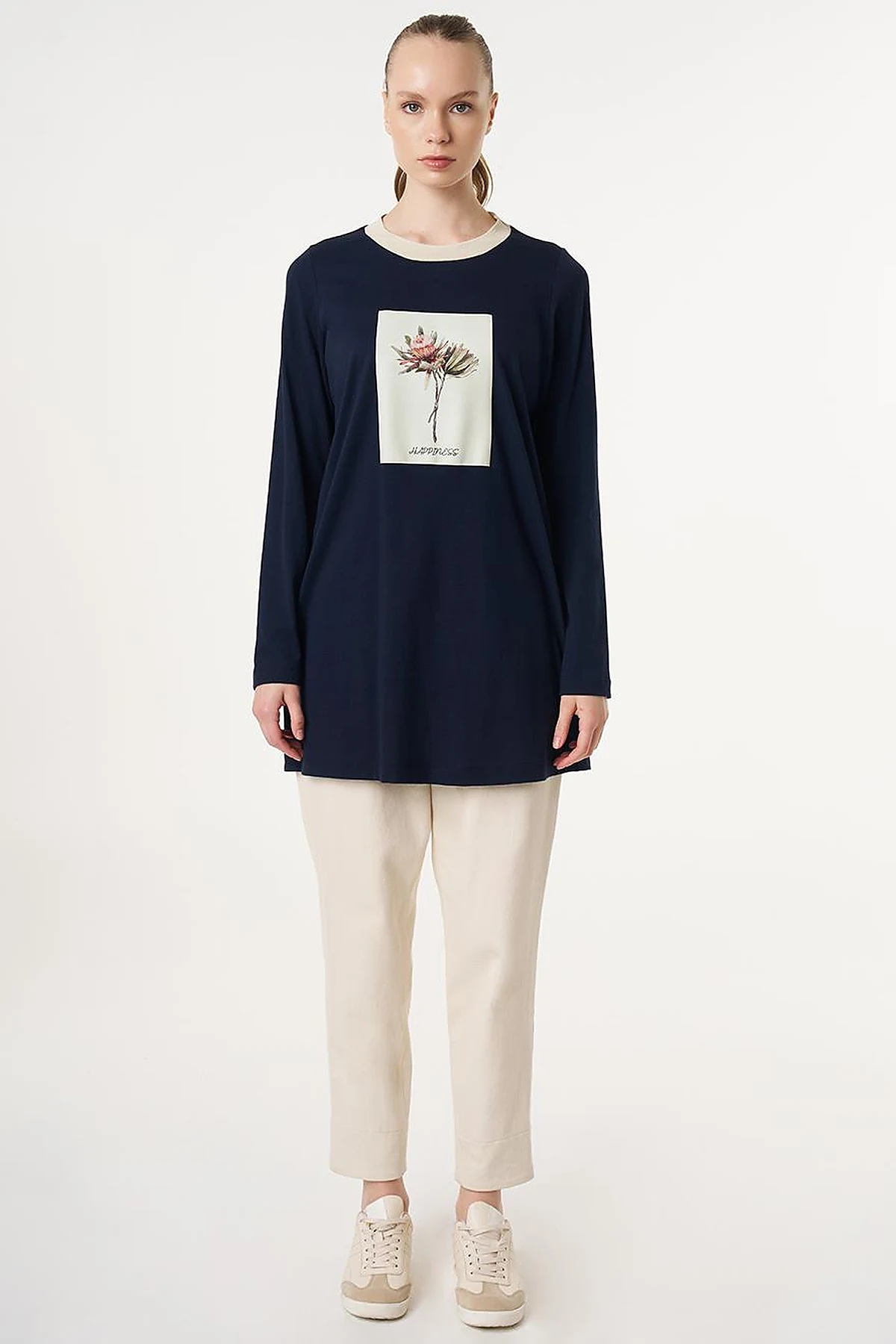 Jersey Tunic with Floral Print Detail Dark Navy Blue