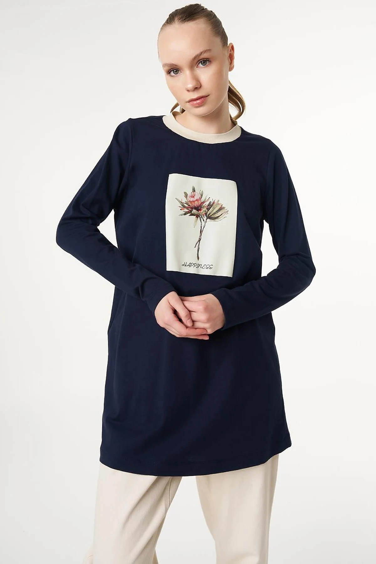 Jersey Tunic with Floral Print Detail Dark Navy Blue