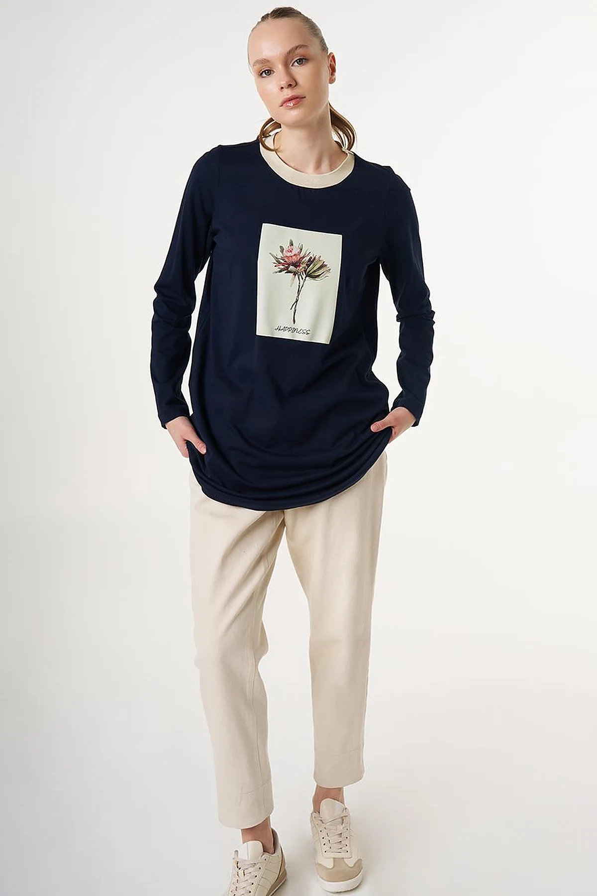 Jersey Tunic with Floral Print Detail Dark Navy Blue