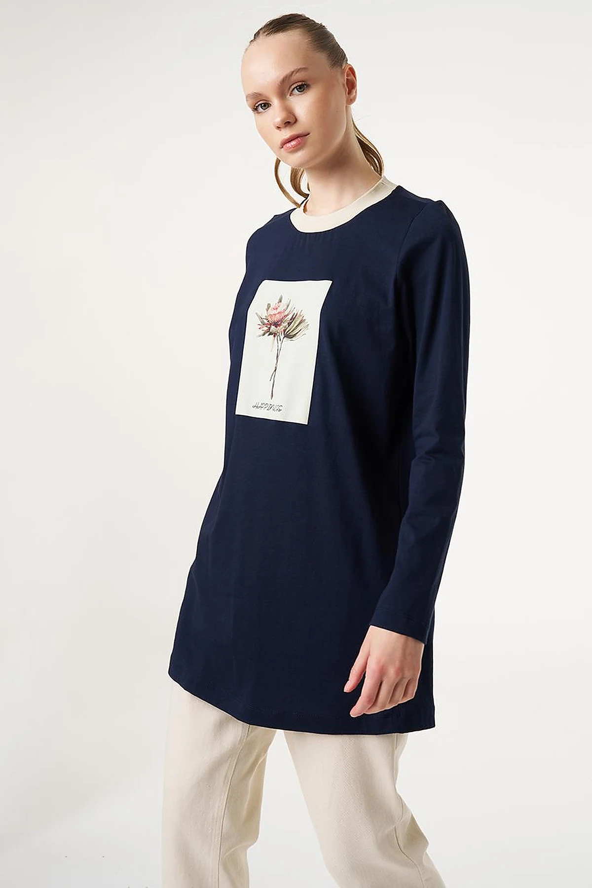 Jersey Tunic with Floral Print Detail Dark Navy Blue