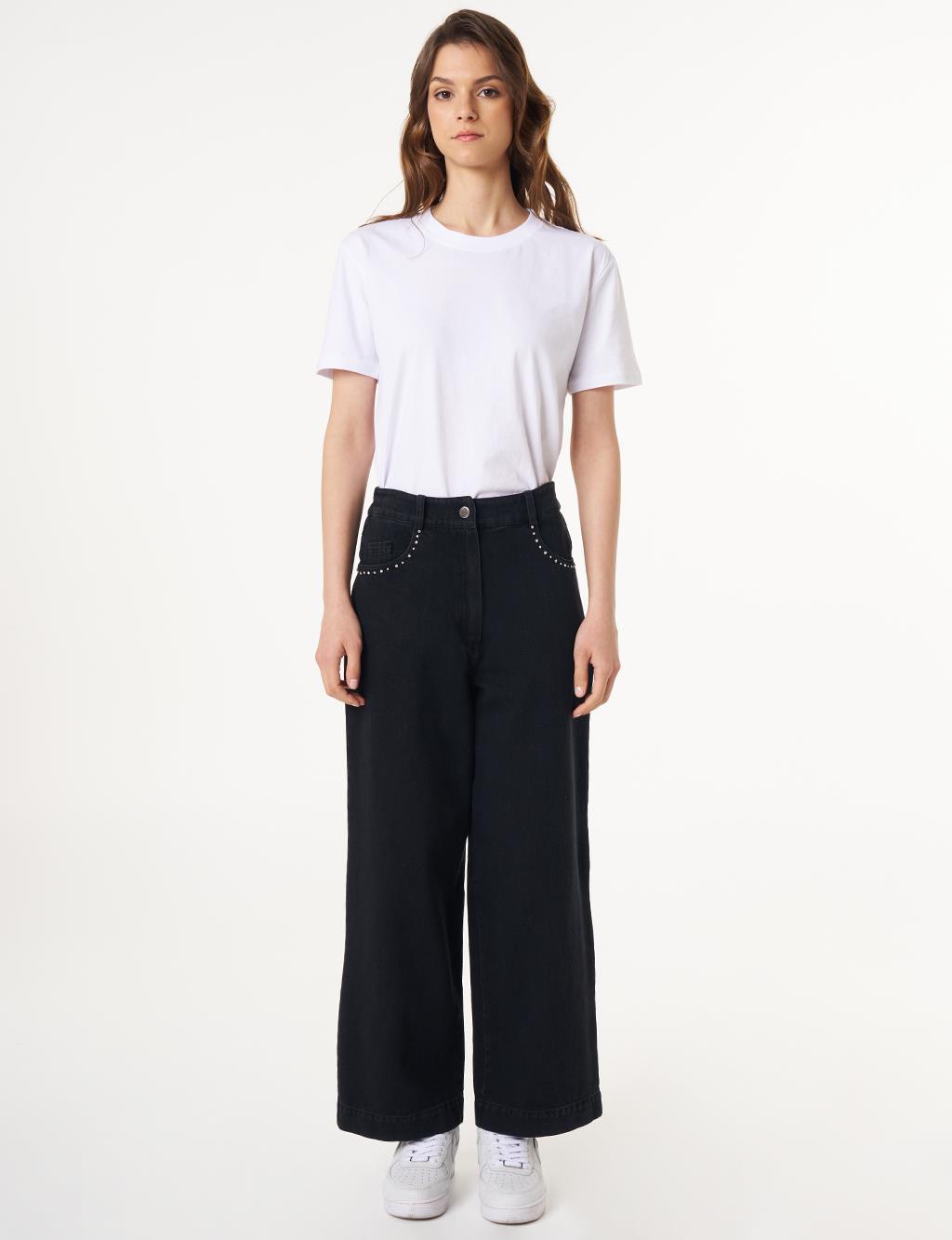 High Waist Marine Fit Denim Pants Black