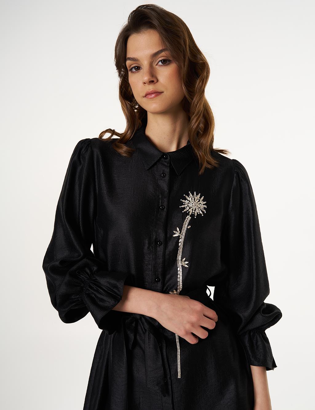 Stone Embroidered Belted Satin Tunic Black