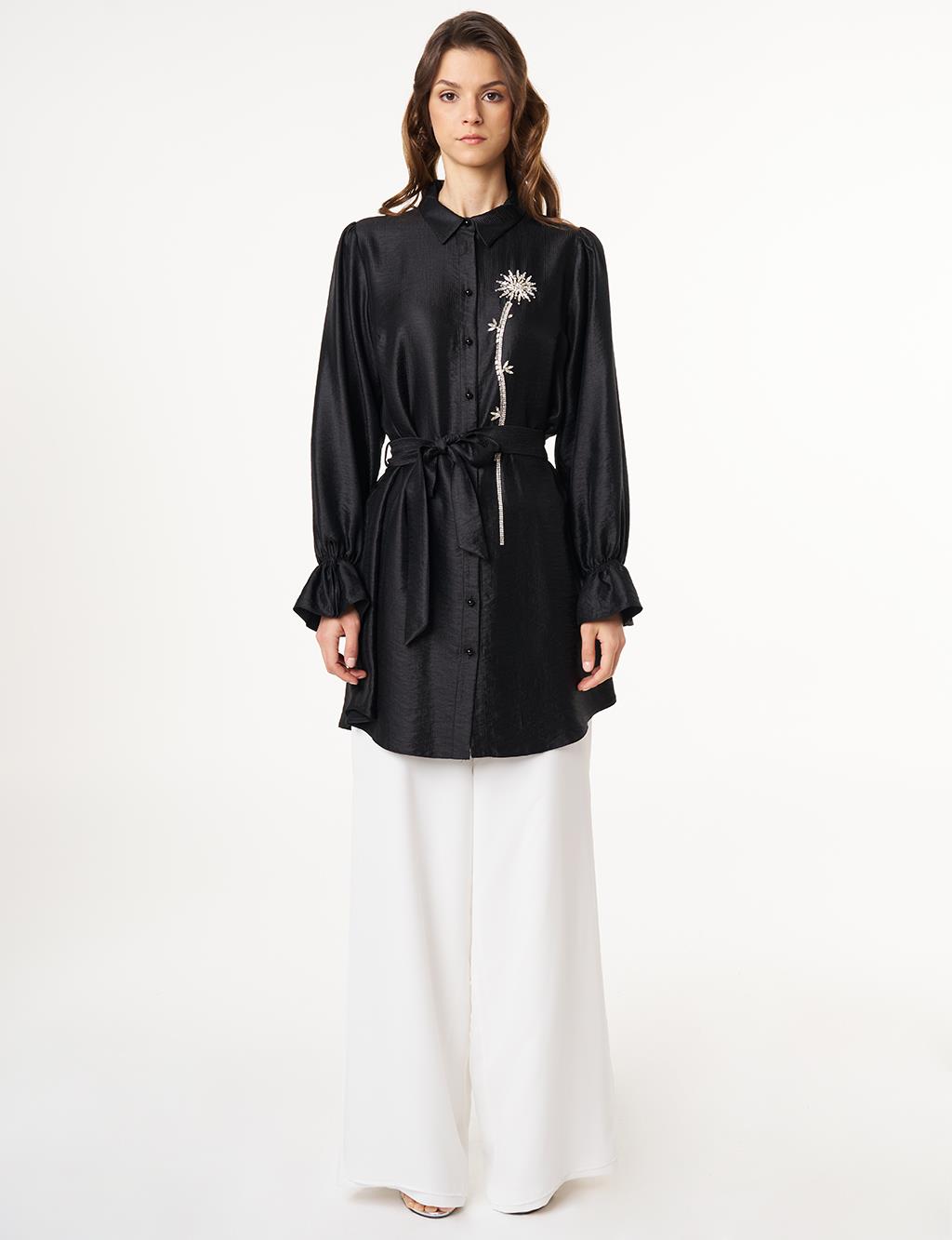 Stone Embroidered Belted Satin Tunic Black