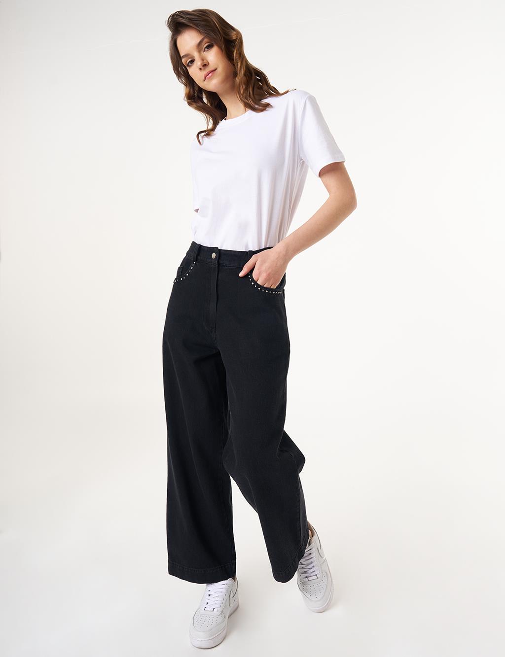 High Waist Marine Fit Denim Pants Black