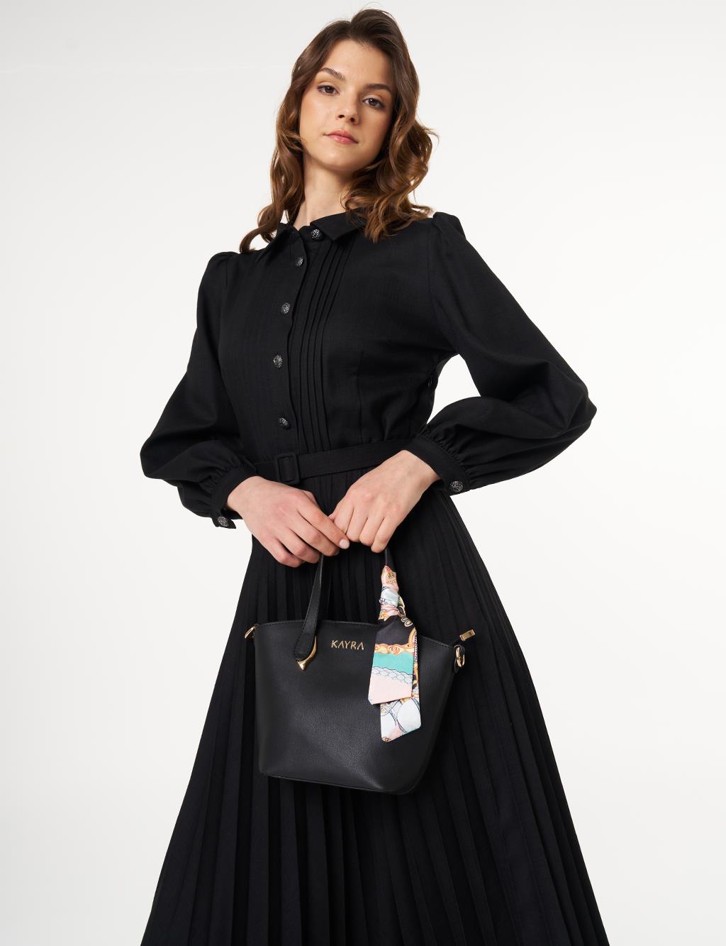 Button-Detail Pleated Dress Black